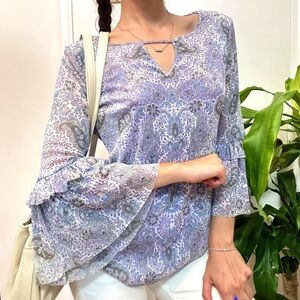 Boho Paisley Print Bell Sleeves Blouse in Purple & Blue, Size Small